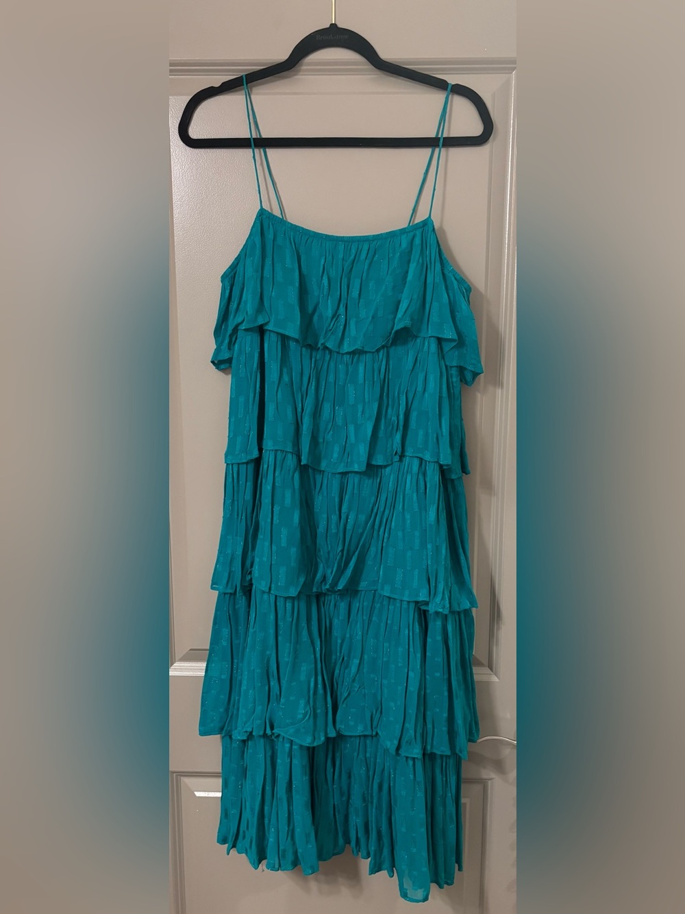 Off-Shoulder Teal/ Gold Tiered Women's Dress